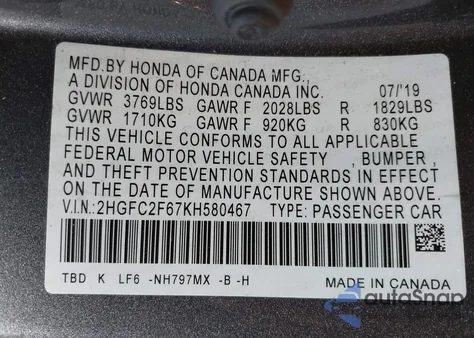 2019 Honda Civic Lx from USA, damaged, VIN 2HGFC2F67KH580467